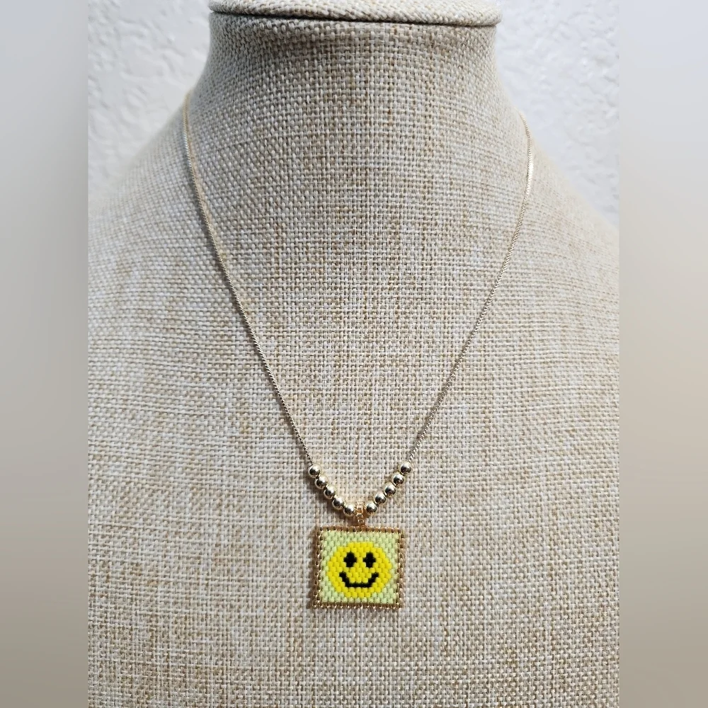 Smiley Face Pendant Necklace Gold Plated Miyuki Style Bead